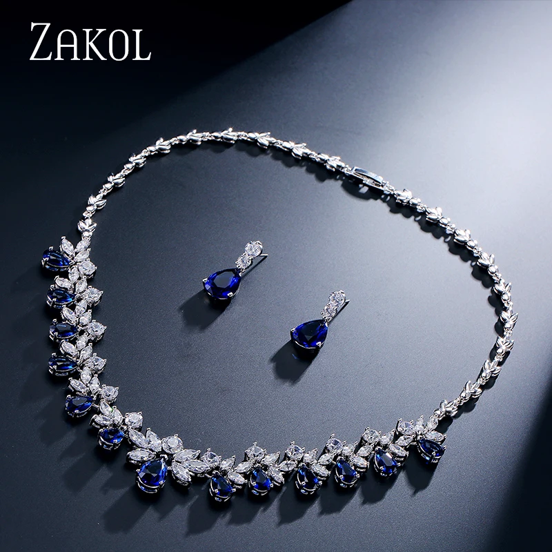 Blue Бренд ZAKOL, сверкающий кубический цирконий, ювелирные наборы, модный цветок, Африка, набор для элегантных женщин, свадебное платье FSSP170 - Окраска металла: Blue