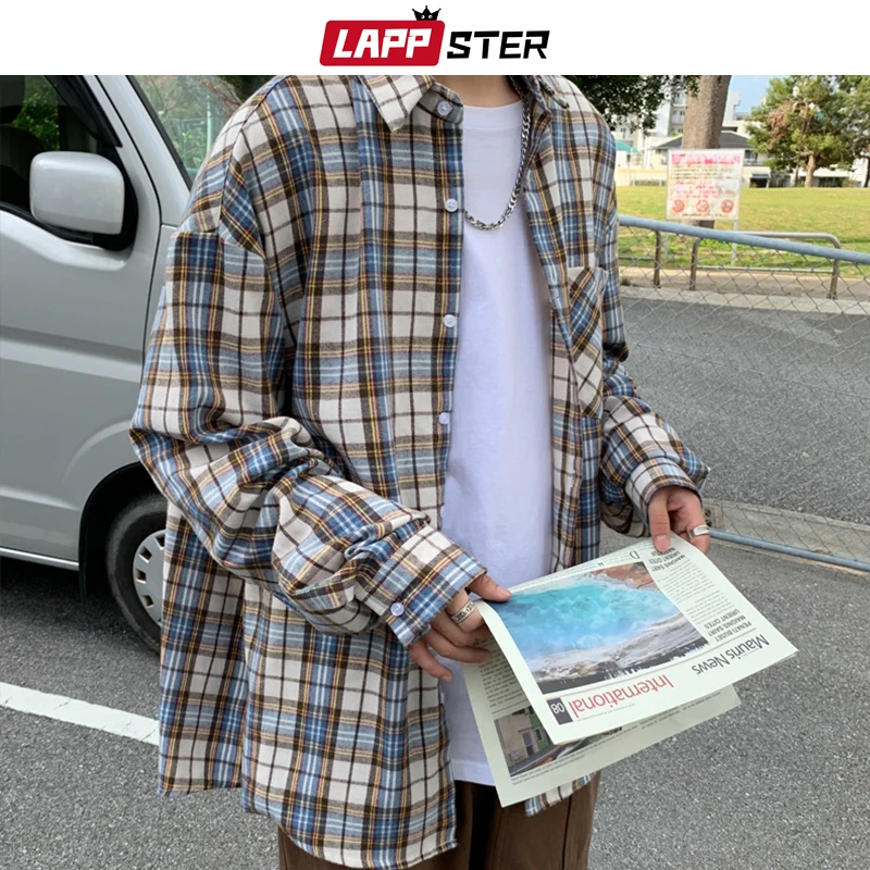 LAPPSTER мужского Harajuku плед Vintage рубашка 2020 Люди Японской Карманы Уличных рубашек с