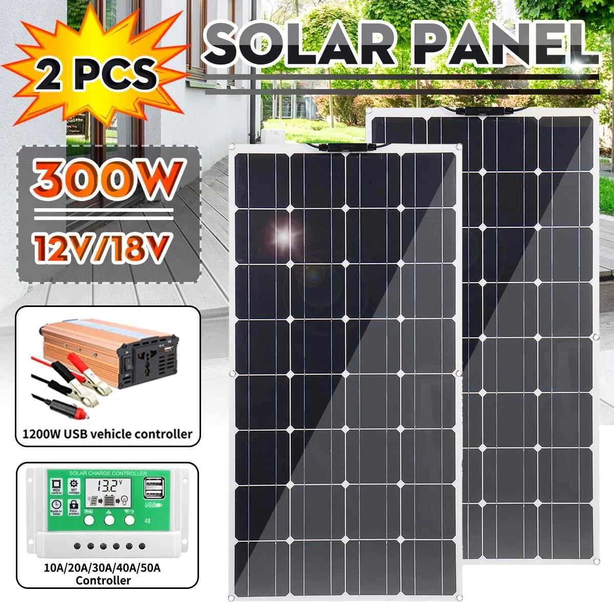 Harga 1200W Inverter USB Kit Lengkap 150W Sistem Tenaga Surya 10/20/30/40/50A Pengendali Panel Surya Mobil RV Pengisi Daya Baterai