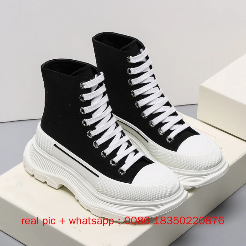 

2021Designer women's casual flat shoes round head lace-up high top heighten thick soled Alexander canvas shoes Zapatos De Mujer