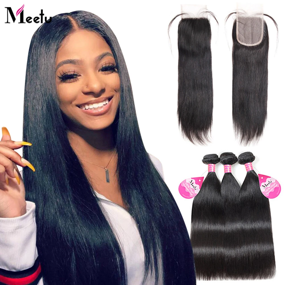 Пряди с кружевом Meetu прямые малайзийские пряди закрытием 7x7 натуральных волос