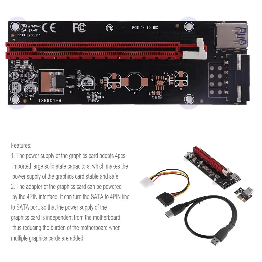 

Extender Riser Card PCI-E Express 1x to 16x 4Pin USB3.0 Cabl BTC Miner Household Computer Set for Bitcoin Miner Mining