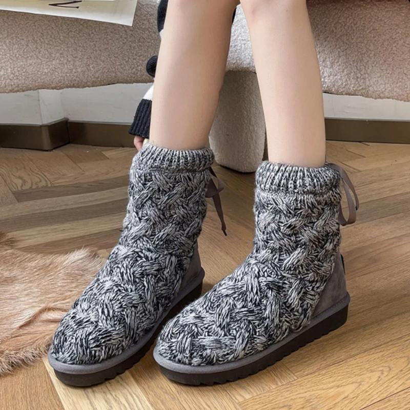 

Новые Вязаные плюшевые зимние сапоги Lucyever для женщин 2021 зимние Нескользящие ботильоны на шнуровке женские удобные теплые ботинки с хлопков...