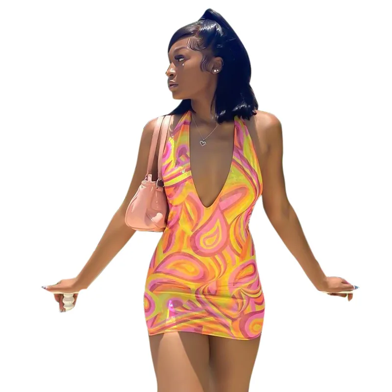 

Dresses For Women Summer 2021 European American Women Clothing Contrast Color Cashew Print Halter Neck Short Dress With Backless