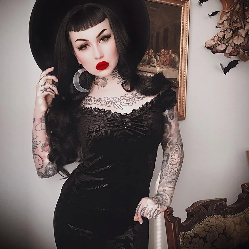 Винтажная облегающая Кружевная футболка с открытыми плечами готический женский