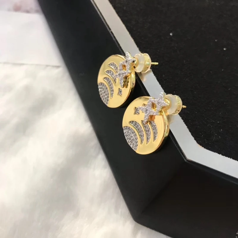 925 Planet Star Круглые серьги-гвоздики с цирконием ААА желтого золота простые женские