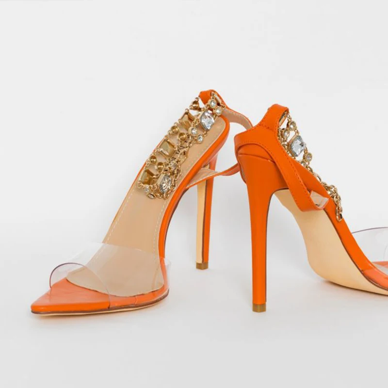 

Women Fashion Summer Sandals Crystal Ankle Strap Pointed Toe Sandals Tranparent Tape High Heel Female Thin Heels Narrow Shoes
