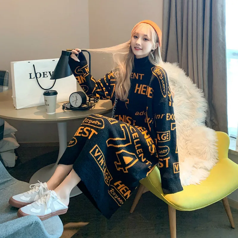 

Net Red Turtleneck Sweater Women's Loose Korean Style Over The Knee Long 2021 Fall/Winter Retro Hong Kong Flavor Lazy Dress