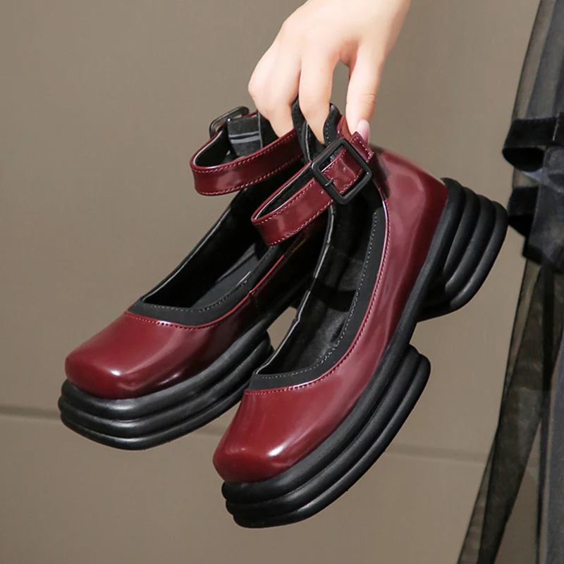 

Rimocy Med Heels Square Toe Mary Janes Women Vintage Ankle Buckle Thick Platform Student Shoes Woman Patent Leather Lolita Shoes