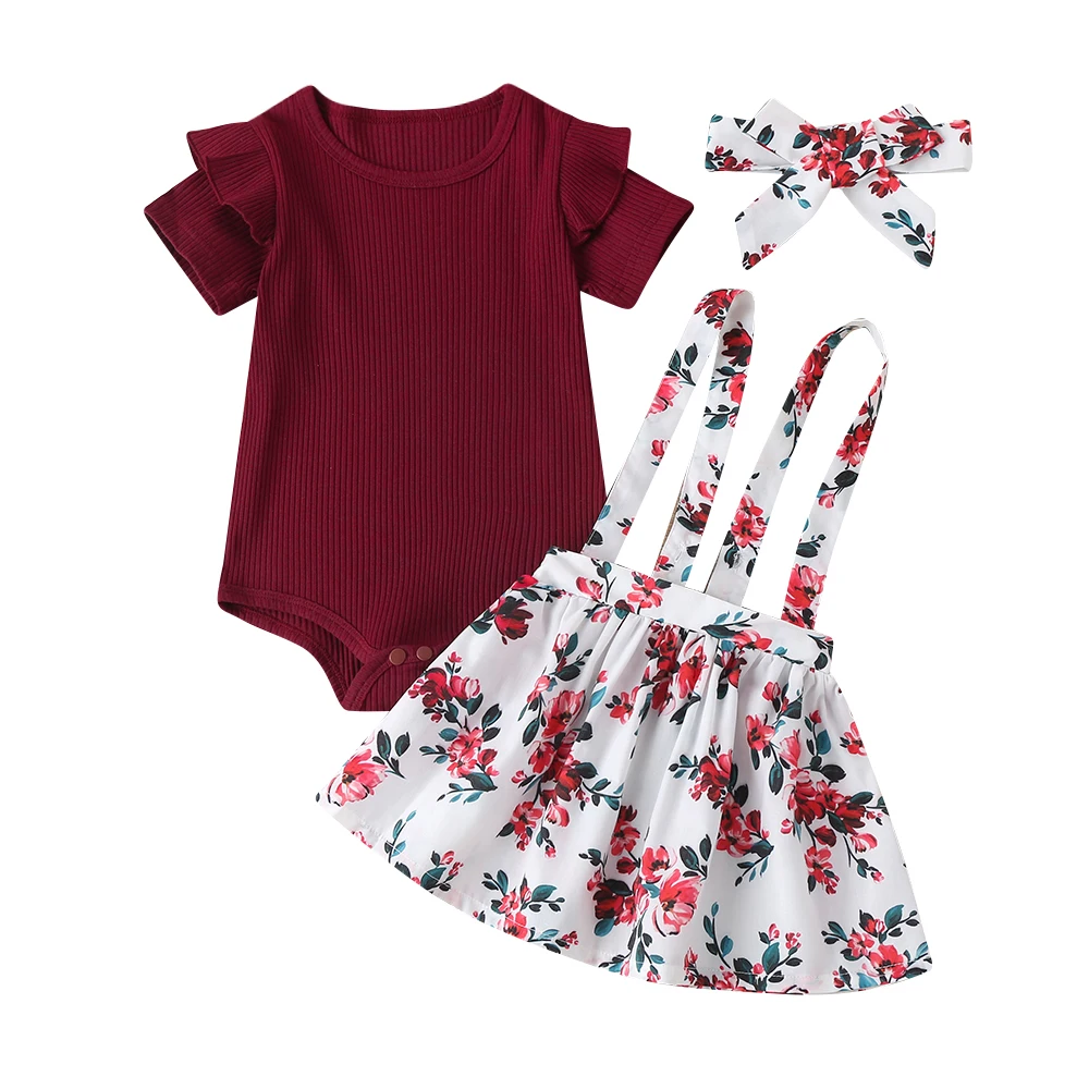 

2021Girl's Clothes Spring Summer Girls Pullover Solid Top Shirt Suspender Romper Dress Flower Printed Newborn Girl Outfits