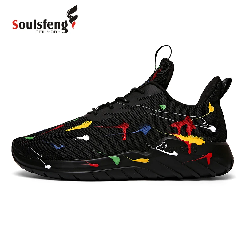 Soulsfeng Sneakers For Men Inkjet pattern Mesh Breathable Running Shoes Black Lightweight Training Athletic Sneakers For Womens