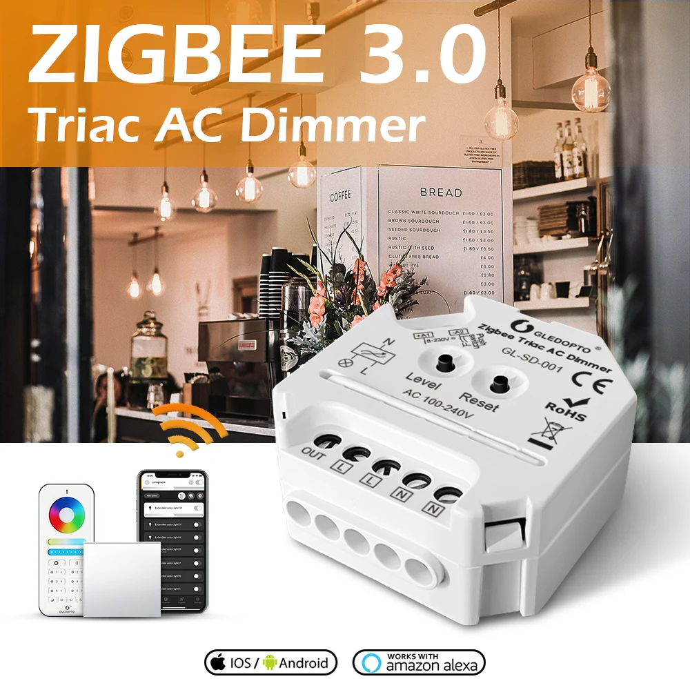 

GELDOPTO Zigbee 3.0 Push-Switch LED 100-240VAC Triac AC Dimmer LED-Touch Control Work with 2.4G RF Amazon Echo Plus App Control