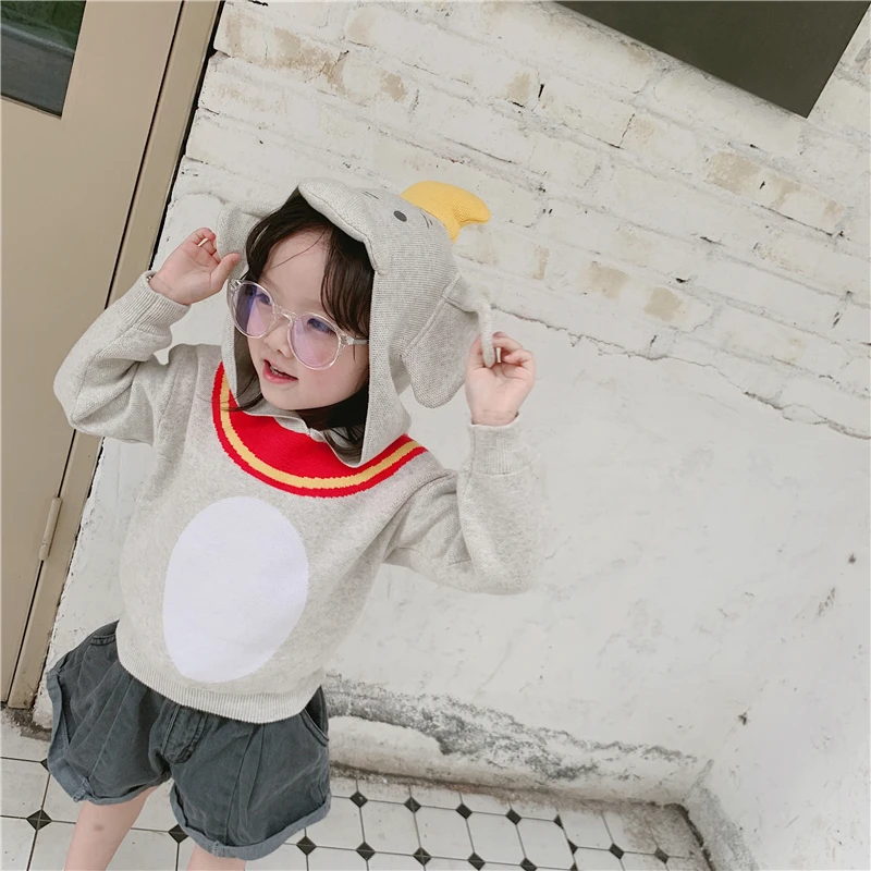 Kawaii/детские свитера на осень-зиму Пуловер С Рисунком Слона для маленьких мальчиков и девочек детские вязаные топы с капюшоном, детская повседневная одежда, топы