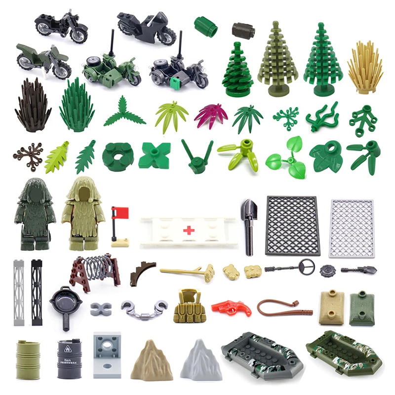 

Military Kayaking Off-road motorcycle Fortifications Camouflage Flare gun Military Scene Accessories Diy MOC Blocks Parts Toys