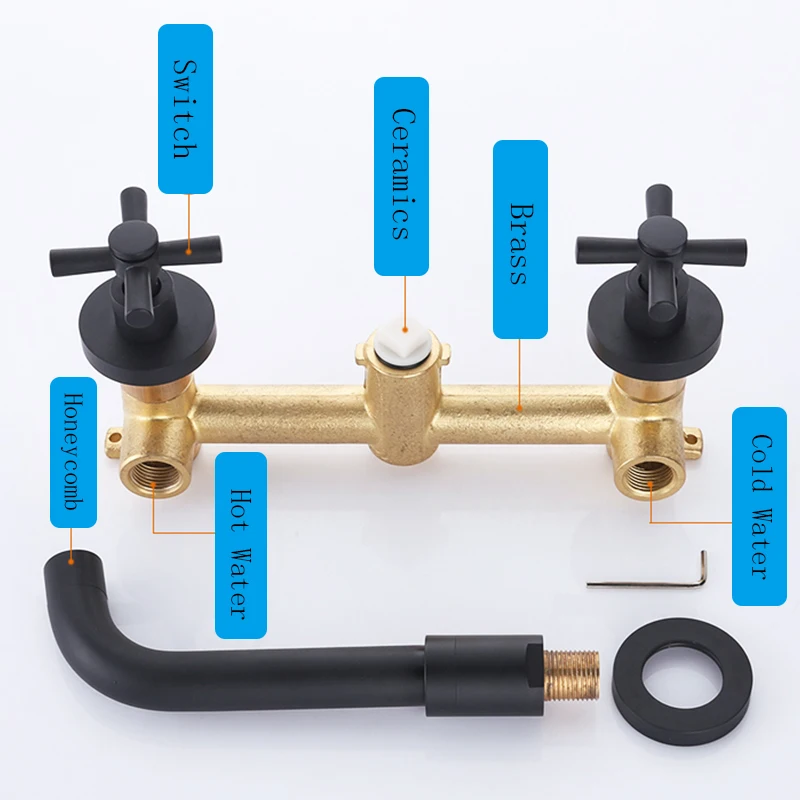 

Brushed Gold Dual Handle Wall Mounted Bathroom Faucets Sink Faucet Hot Cold Water Taps Basin Mixer Matte Black Water Crane Taps