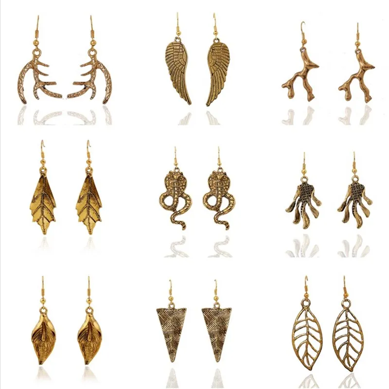 Женские винтажные серьги подвески в форме листа геометрические золотистые с
