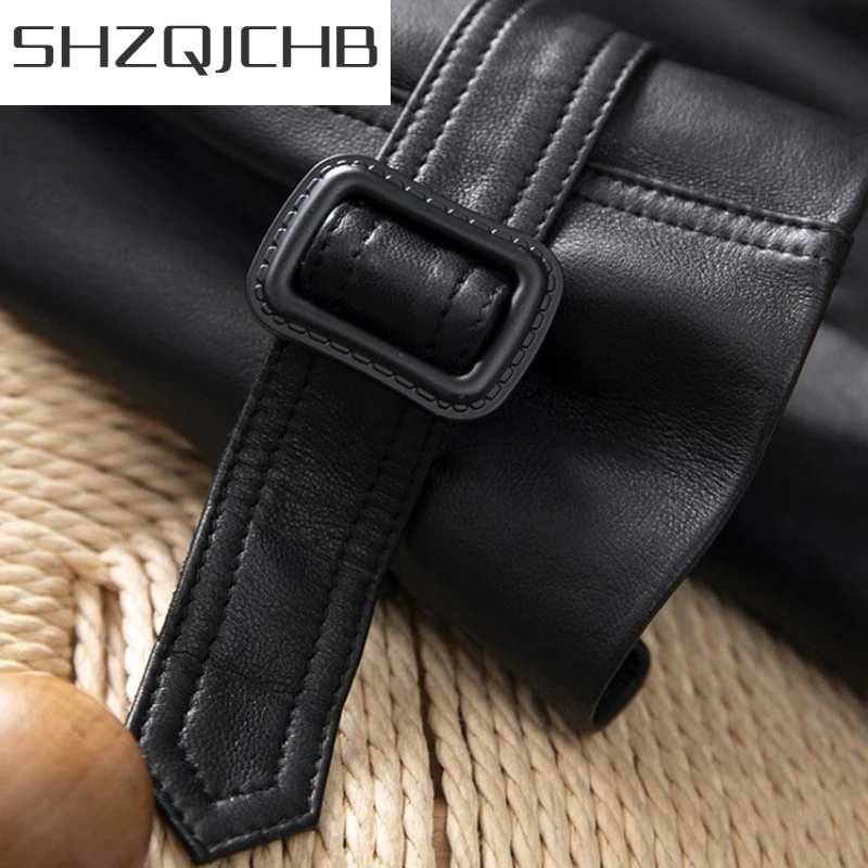 

JCHB 2021 Office Ladies Genuine Leather Double Breasted Short Windbreakers Coat High Street Autumn High Quality Women Sheepskin