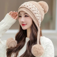 ht3838 knitted hat thick warm fleece lined winter hat women three fur pompoms skullies beanies ski earflap cap ladies beanie hat