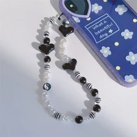 fashion black striped beads mobile phone chain lanyard love heart pearl beaded phone strap hanging cord jewelry wholesale