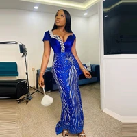 blue short sleeved crystal beaded ball gown plus size aso ebi banquet party formal evening dress