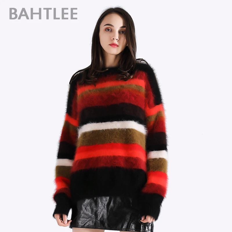 BAHTLEE Autumn Winter Women's Angora Rabbit Pullovers Knitting Sweater O-NECK Keep Warm Loosefir Rainbow | Женская одежда