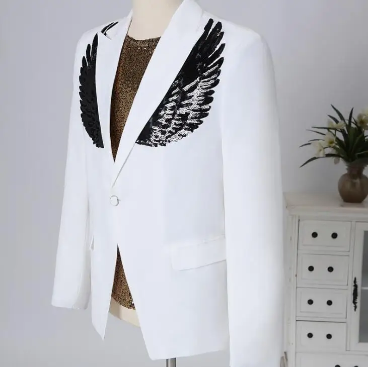 

Sequins wing black blazer men groom suit jackets mens wedding suits costume singer star style stage clothing formal dress B232