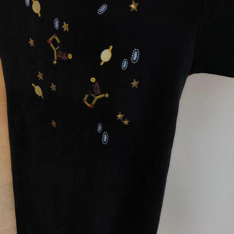Black Starry Sky Embroidery Hooded Dresses Women Long Sleeve Casual Loose Dress Autumn Winter Warm Side Split Midi Dress