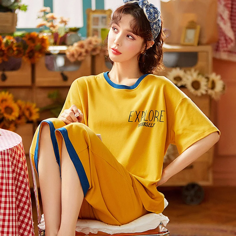 

Summer Woman Pajamas Set Cotton Organic Short Sleeved Seven Point Pants Korean Casual Two Pieces Femme Home Clothing Wholesale
