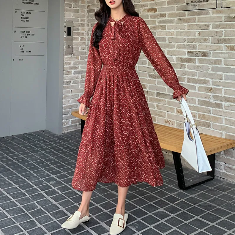 Women Chiffon Dress 2021 Spring Summer Fashion Female Long Sleeve Print Floral Vintage Casual Elastic Waist A-line Vestido | Женская