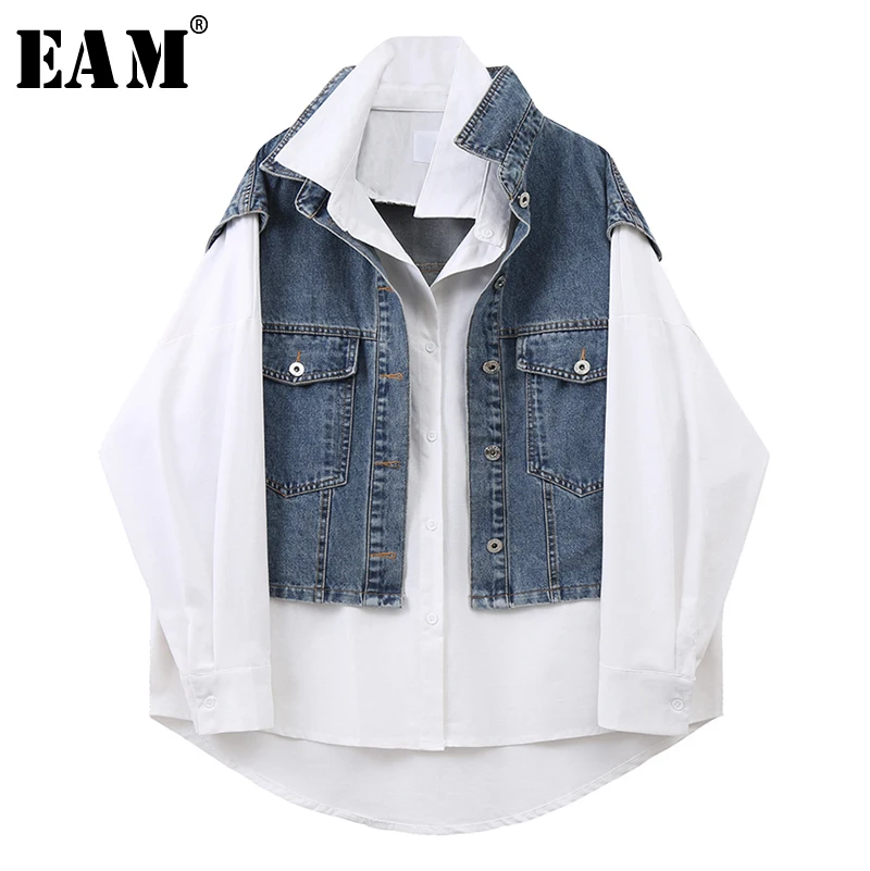 

[EAM] Женская белая Асимметричная Джинсовая блузка большого размера, новая свободная рубашка с отворотом и длинным рукавом, модная весенне-ос...