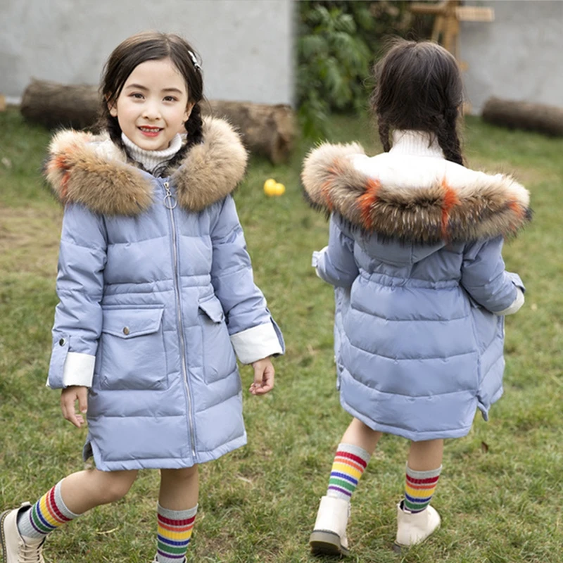 Детское пальто на утином пуху длинное теплое с воротником из натурального меха