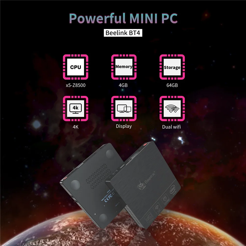 Beelink BT4 мини ПК с процессором Intel Atom Windows 10 4 Гб LPDDR3 64 ГБ 2 4G/5 8G Wi Fi BT4.0 4K двойной экран