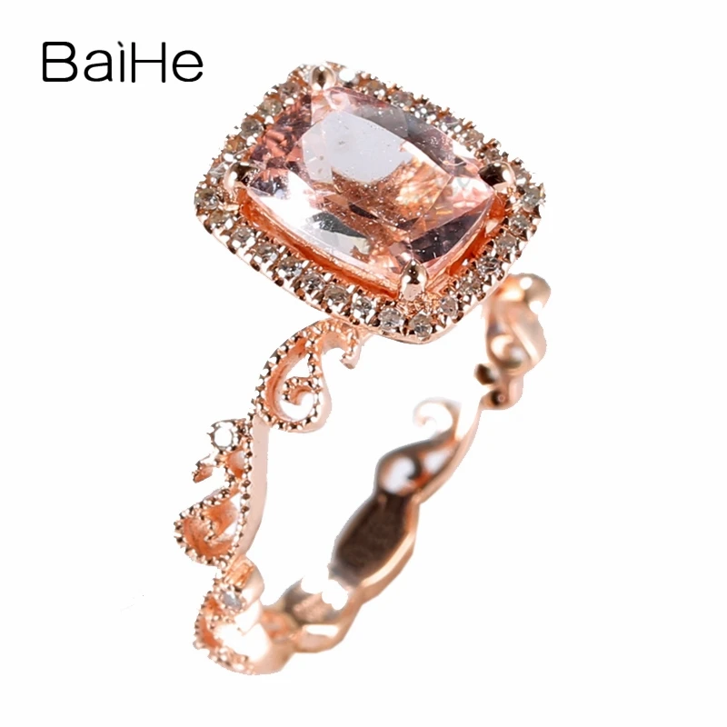BAIHE Solid 14k розовое золото обручальное кольцо 6x8 мм Подушка 1.28ct натуральный морганит романтическая мода ювелирные изделия 0.12ct SI бриллианты