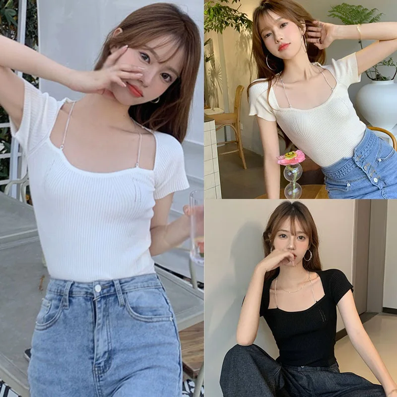 

Jlong Sexy Girlfriend Honey Ice Silk Knit T-Shirt Women Short Sleeve T-shirt