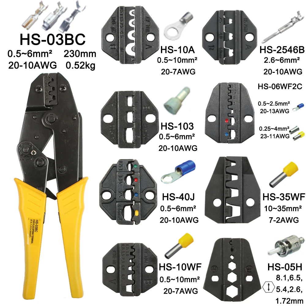 HS-03BC and 8 jaws LUBAN HS-03BC обжимные плоскогубцы Multi Tool 0,5-6mm2 руководство ручные многофункциональные инструменты 0,5 до 6,0 mm2 AWG 16-10 обжимной инструмент - Цвет: HS-03BC and 8 jaws