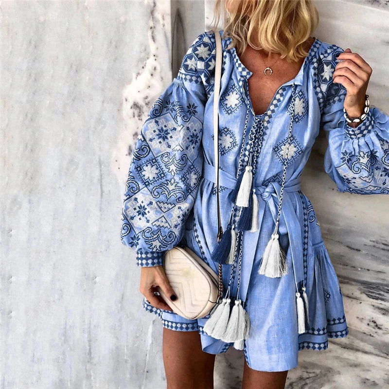 2019 Vintage Women Boho Floral Long Sleeve Short Dress Ladies V Neck Holiday Party Mini Tassels Lantern | Женская одежда