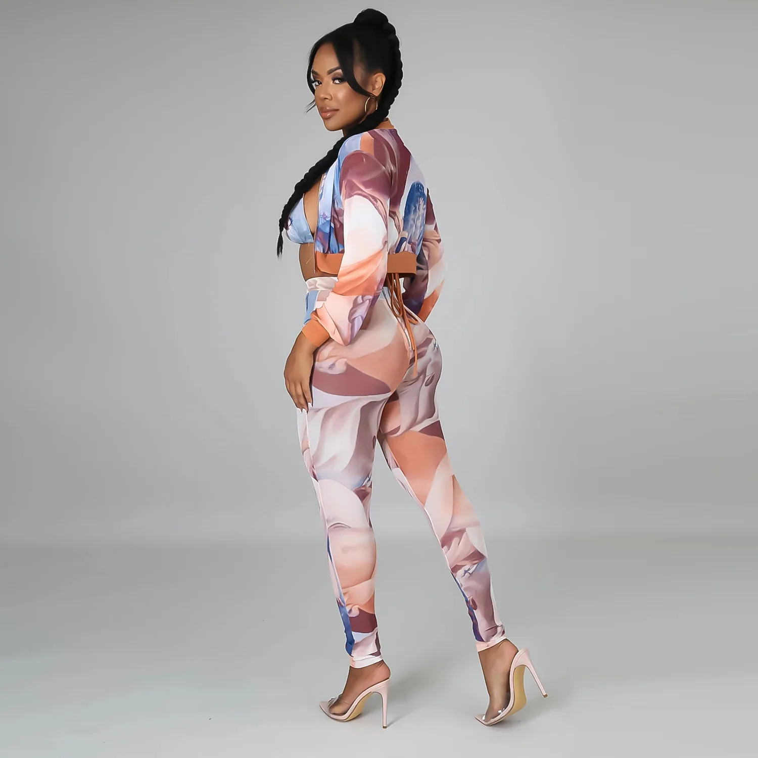 

2021 European and American Autumn New Fashion Women's Printed Cup Long-sleeved Jacket Trousers Three-piece Suit