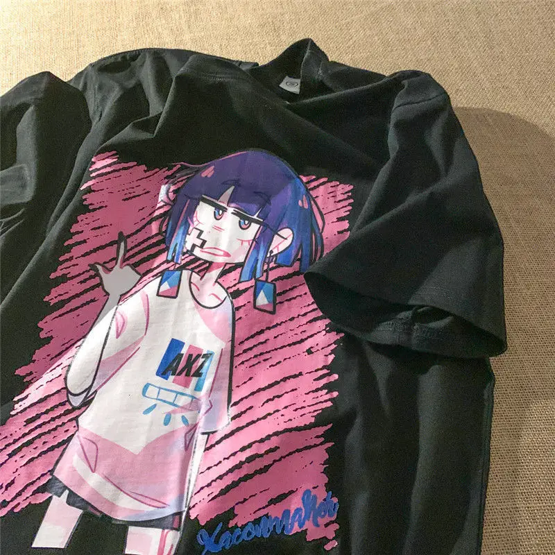 

Ruffian Girl Trend Street Retro Two-dimensional Printing Short-sleeved T-shirt Oversize Men Women Cute Tops Ins Harajuku