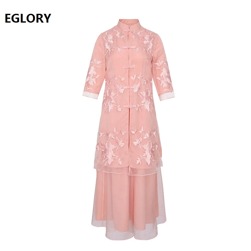 Plus size Clothing 2021 Spring Fashion Pant Set Woman Luxurious Embroidery Long Tops Coat+Wide Leg Pant Suits & Sets 50s 60s