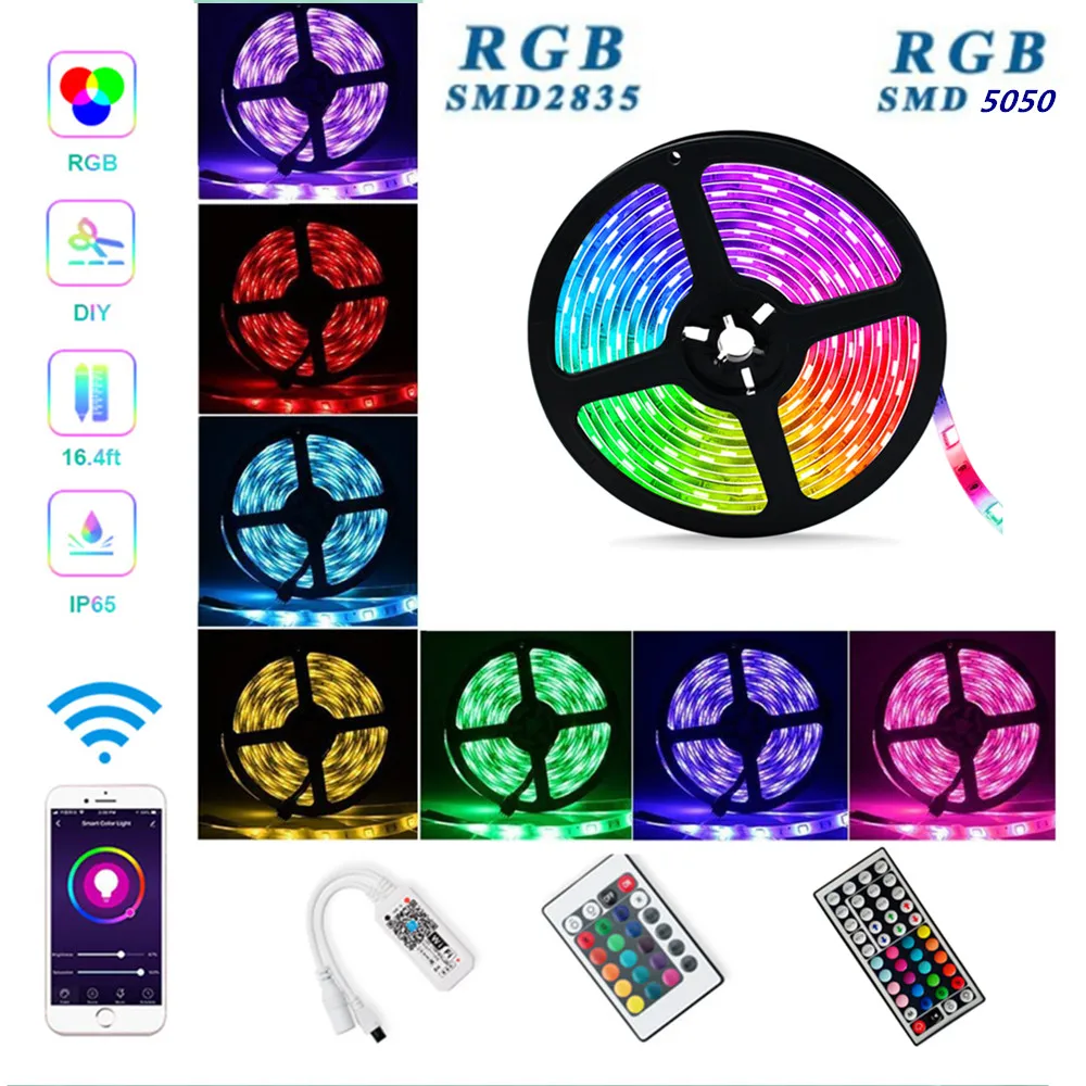 

24/44-key WIFI Luces Led Strip SMD 5050 2835 12V RGB Lights Waterproof Flexible Neon Lamp 5M 10M 15M 30/60LEDs/m 5 Meters / Roll