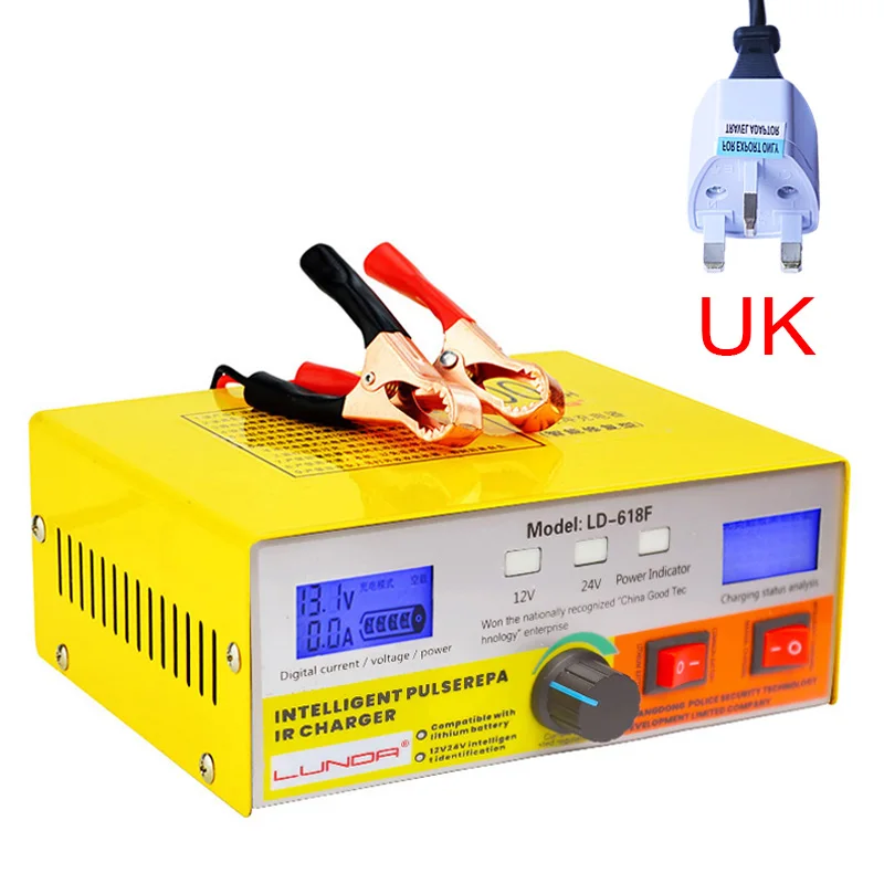UK Высокая Мощность 12 V/24 V 400Ah автоматический интеллектуальный импульсный ремонт универсальная литиевая батарея из чистой меди зарядное устройство двойного экрана дисплея - Цвет: UK