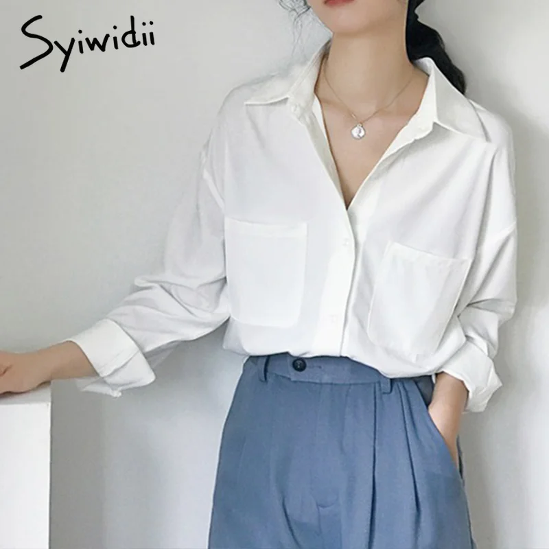 Syiwidii рубашка женская шифоновая и блузка мода однотонный белый элегантный OL