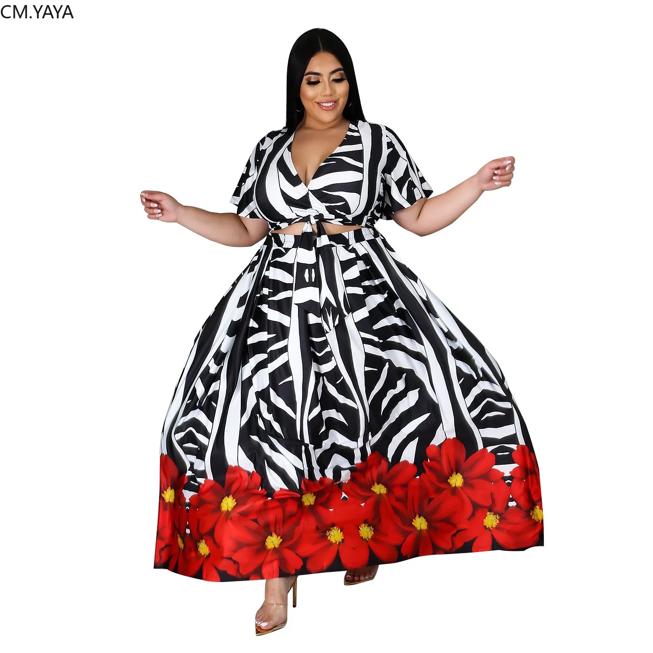 Женский укороченный топ в полоску с цветочным принтом и v образным вырезом