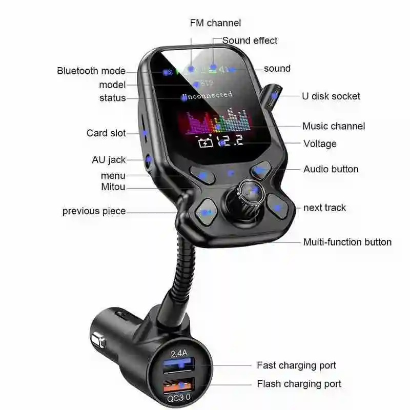 

FM Transmitter Bluetooth 5.0 Car Accessories Handsfree MP3 AUX Music Audio Supports Charger QC3.0 Player U-disk Quick Car P M3L8