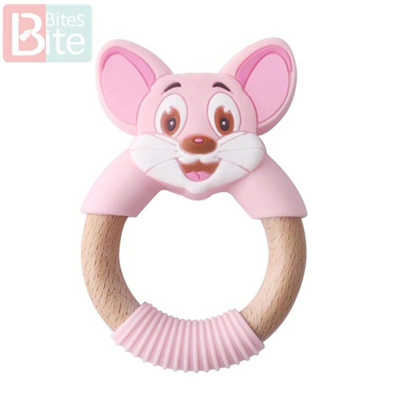 Pink Mouse 1 шт. Детские трофеи силиконовые мыши грызуны Силиконовые Прорезыватели деревянные кольца деревянный Прорезыватель коляска белка для детей товары игрушки - Цвет: Pink Mouse