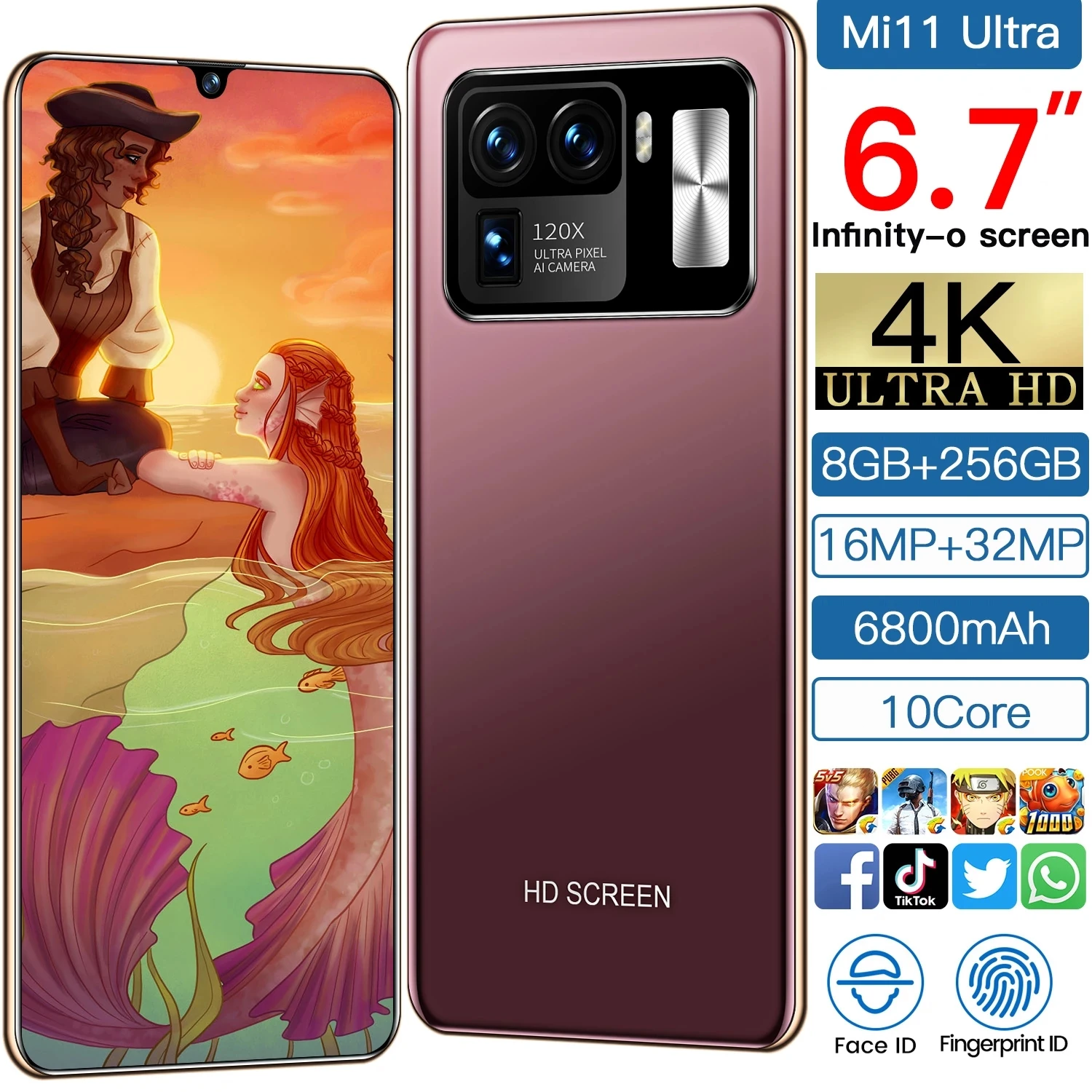 

2021 Global Version X1AO Mi11 Ultra 6.7 Inch SmartPhone 6800mAh 16GB+512GB Support Face ID Google GPS Unlocked 5G Mobilephone