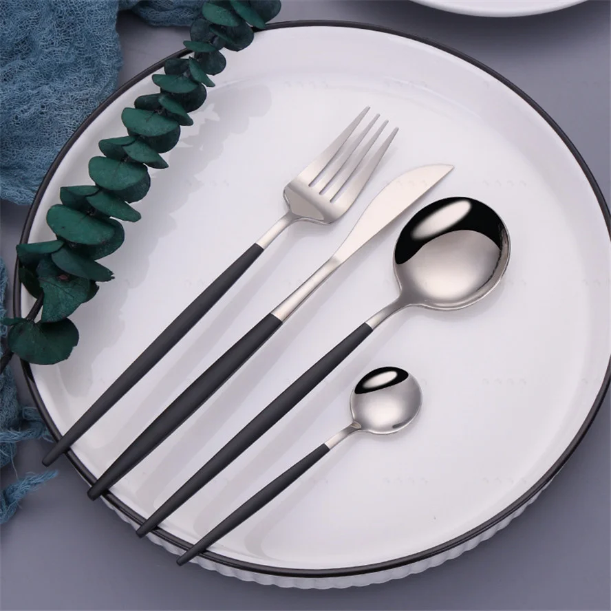 

Black Silver 4 Pieces Gold Cutlery Set Stainless Steel Lunch Dinnerware Set Flatware Fork Spoon Knife Tableware Set Dropshipping