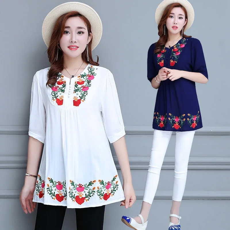 

Women Floral Embroidered Mexican Blouse Tops Summer Hippie Boho Cotton Ethnic Blusas Femme Vintage Blouses 2021