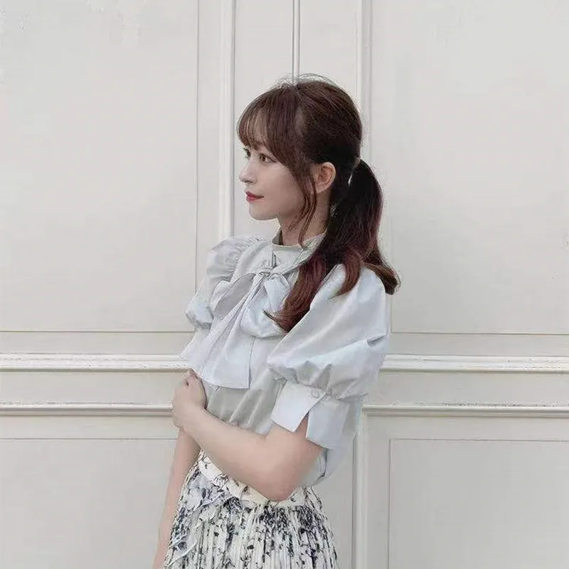 Женская хлопковая рубашка с бантом блузка рукавами фонариками и перекрестными