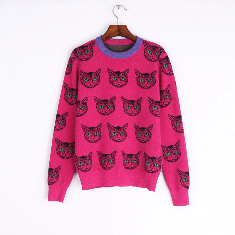 

SAYTHEN 2021 New Designer Cat Print Knitted Sweaters Cute Pullovers Women Autumn Winter Long Sleeve Sweet Jumper